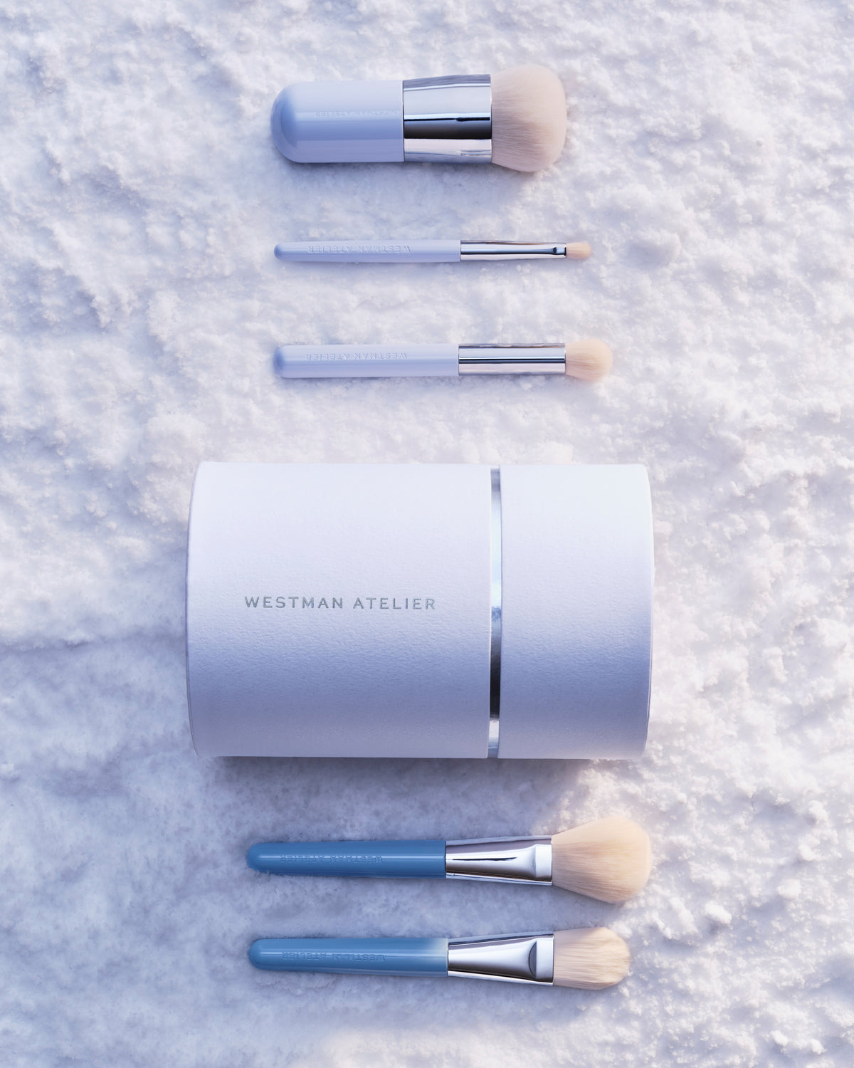 Set of makeup brushes on a snowy surface