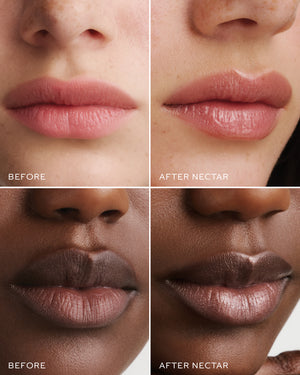 Before and after comparison of lips in 'Nectar' on a neutral background.