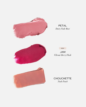 Three swatches of blush labeled 'Petal', 'Jam', and 'Chouchette' on a white background.