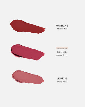 Three swatches of lipstick in different shades on a white background with shade names.