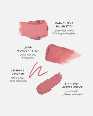 Four makeup swatches against a white background.