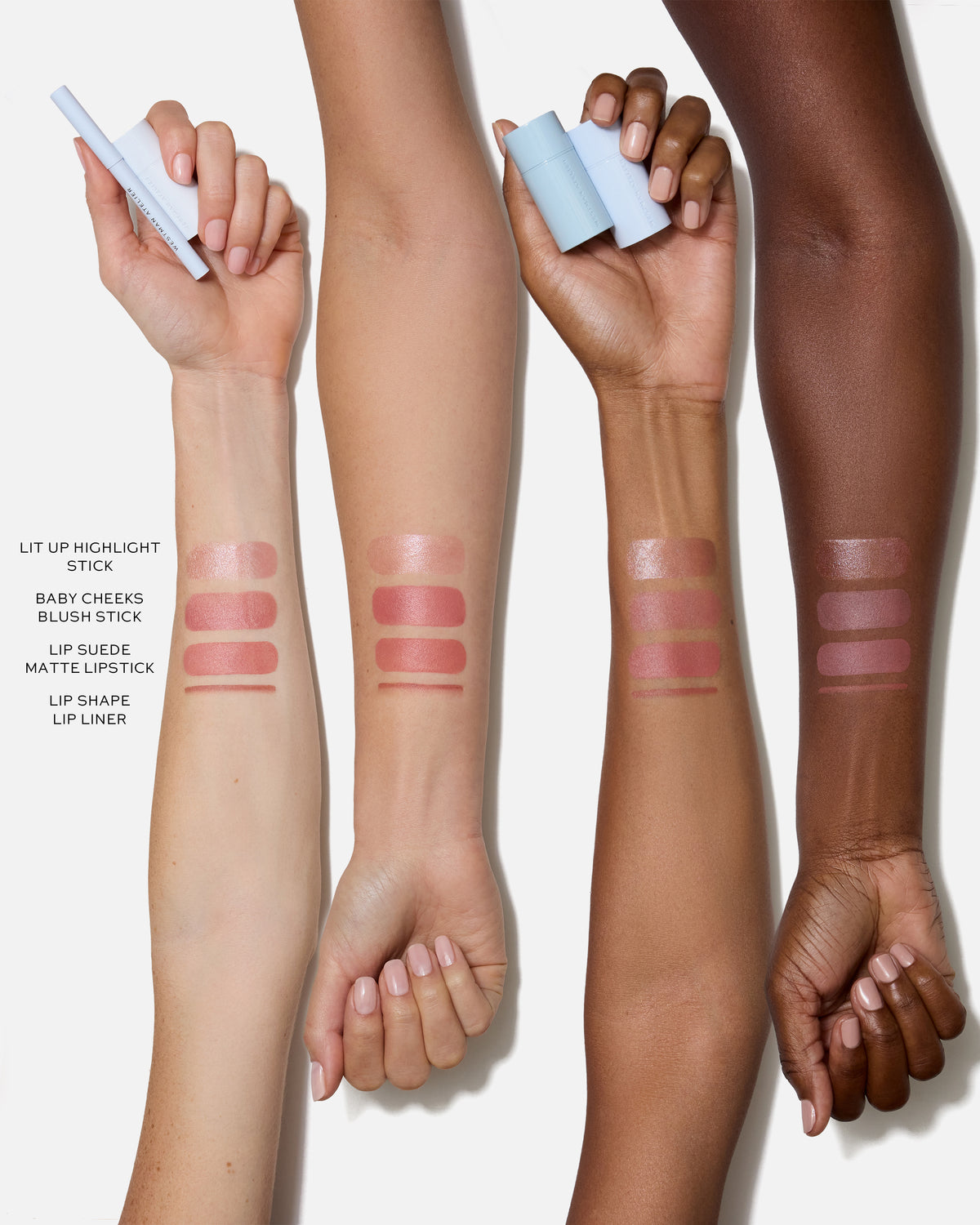 Swatches of all four petal products on various skin tones.