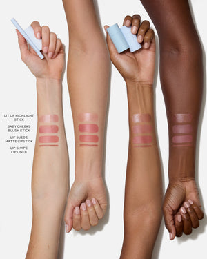 Swatches of all four petal products on various skin tones.