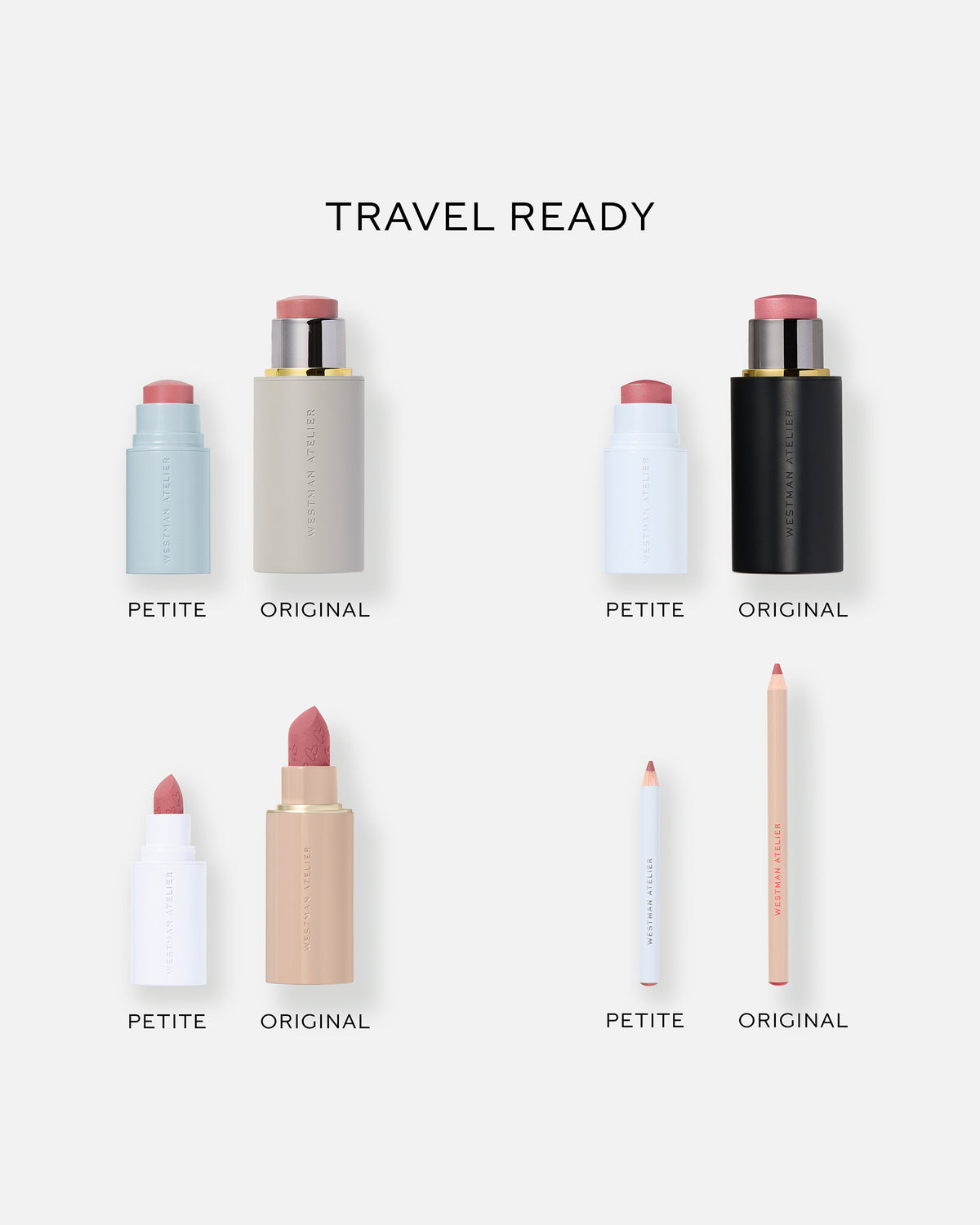 Graphic comparison of Petite Petal products against full-size, on a white background.