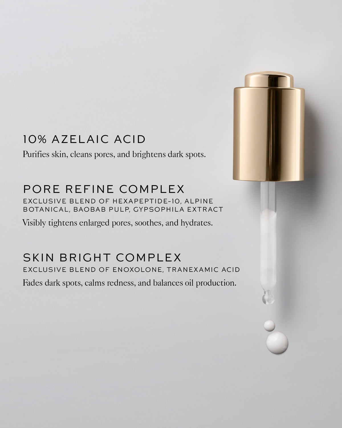 Skincare dropper with text detailing ingredients on a light gray background