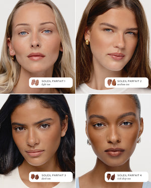 Four women with different skin tones and a 'Soleil Parfait' label.