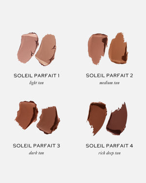 Four swatches of a tan makeup product labeled 'Soleil Parfait' with color descriptions.