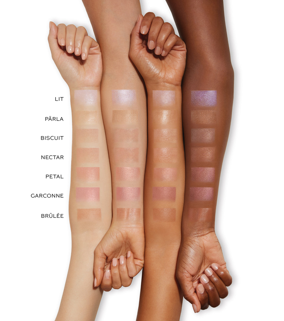 Color swatches applied to skin on multiple arms with labeled names.