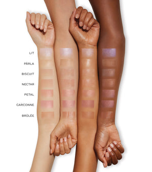 Color swatches applied to skin on multiple arms with labeled names.